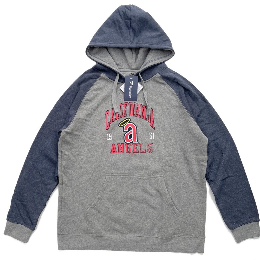 Fanatics Men XL Blue/Grey MLB Baseball Retro Cooperstown CA Angels Raglan Hoodie